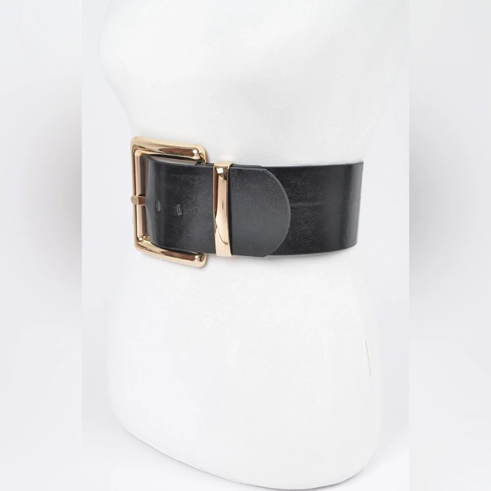 Black Vegan Leather Statement Belt with Gold Buckle